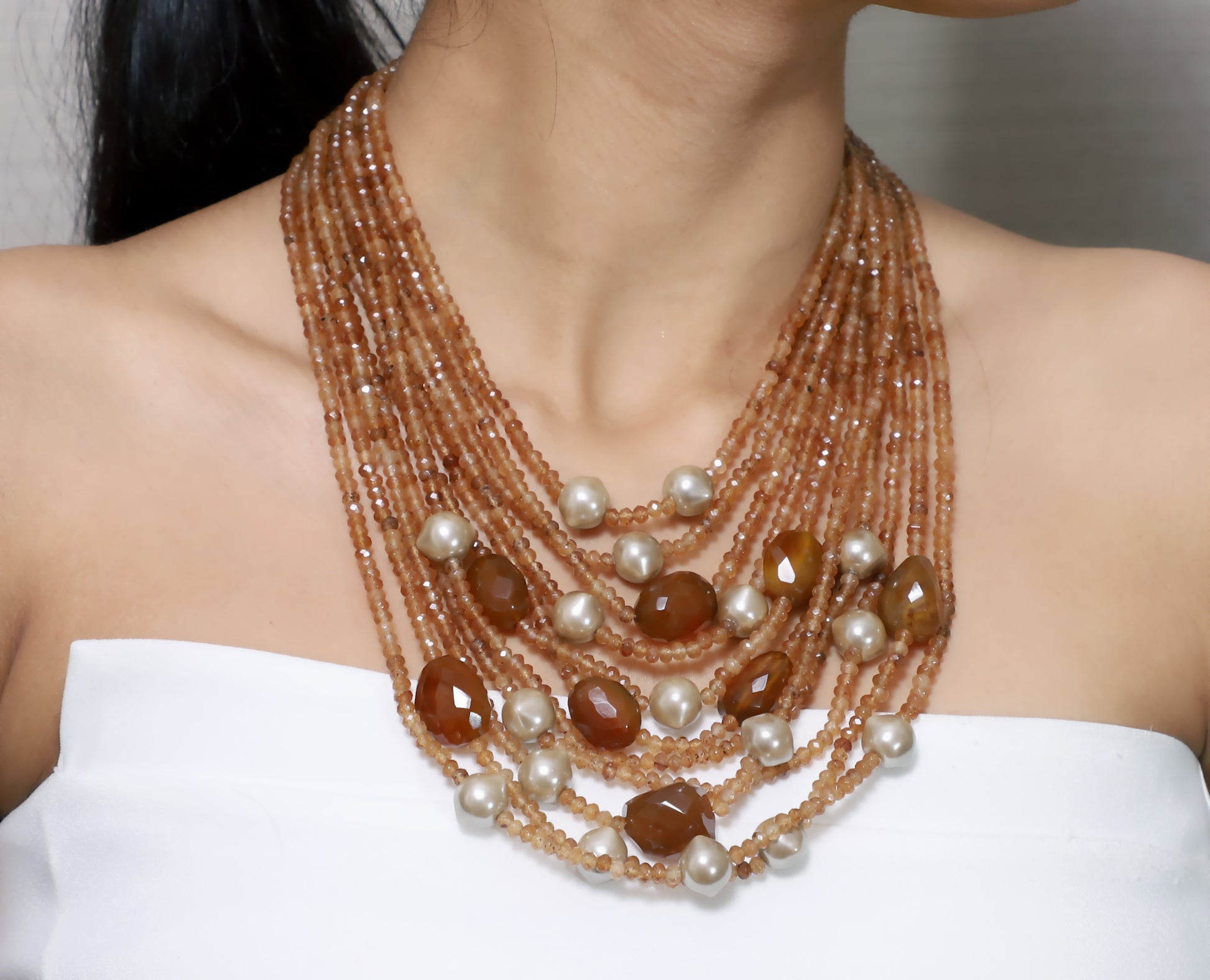 Brown Amber and Beige Multilayer Necklace