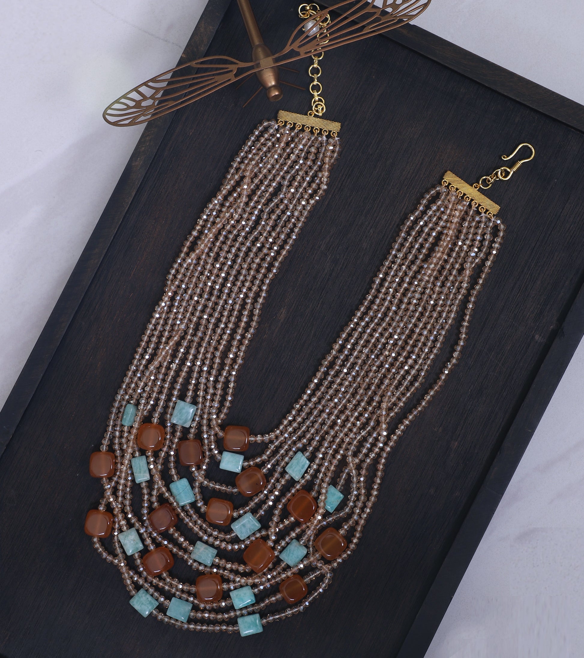 Beige Amber and Sky Blue Multilayer Necklace