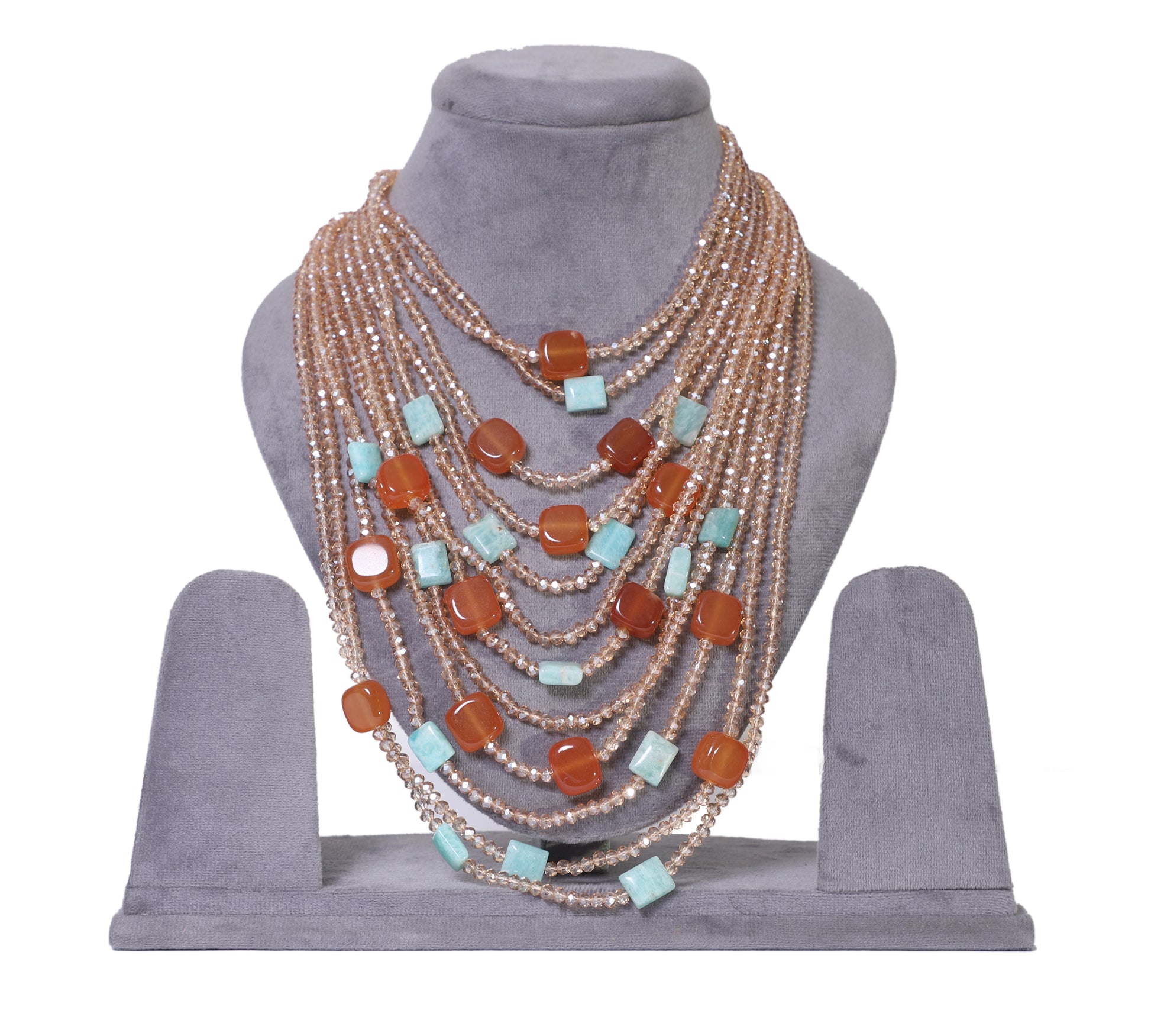 Beige Amber and Sky Blue Multilayer Necklace