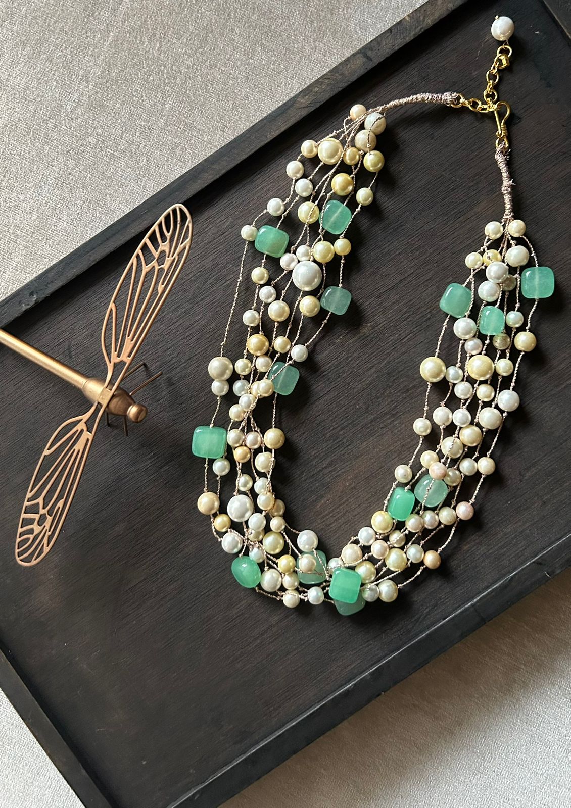 Pearl and Green Quartz Stone Multilayer Necklace