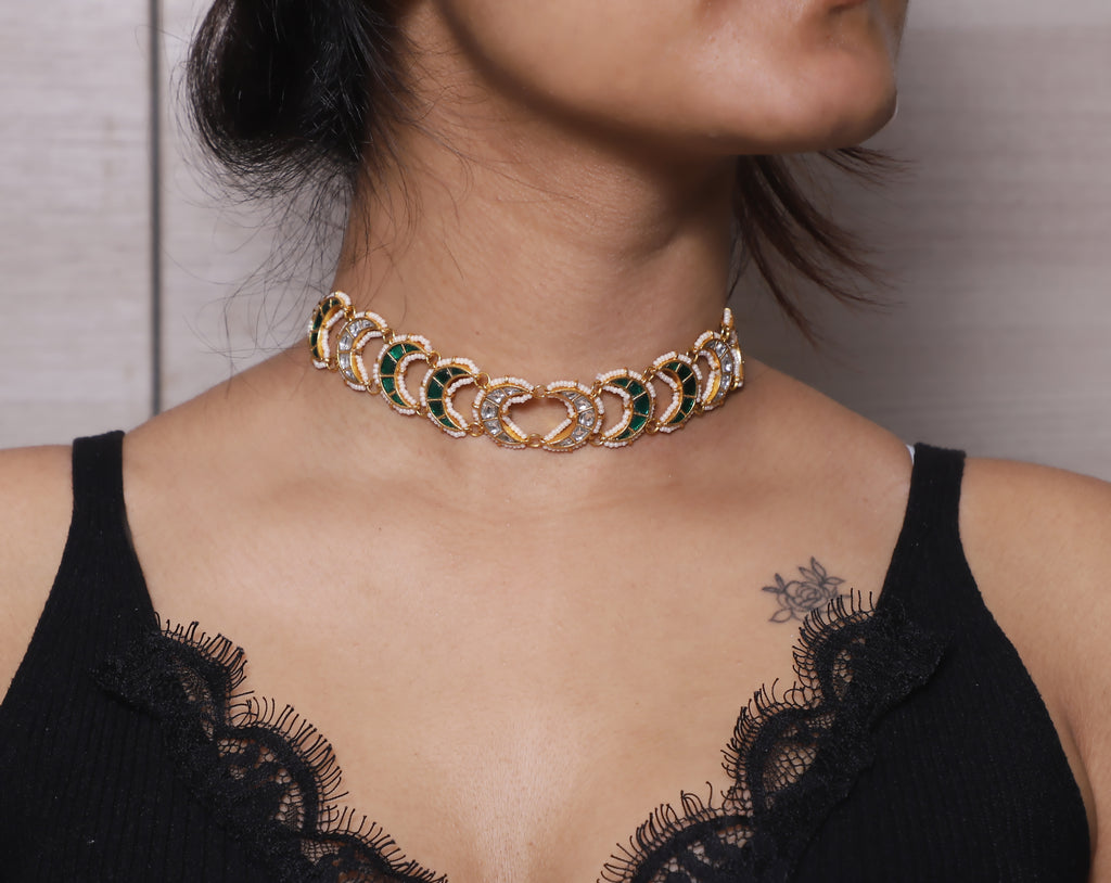 White Green Kundan Chand Choker