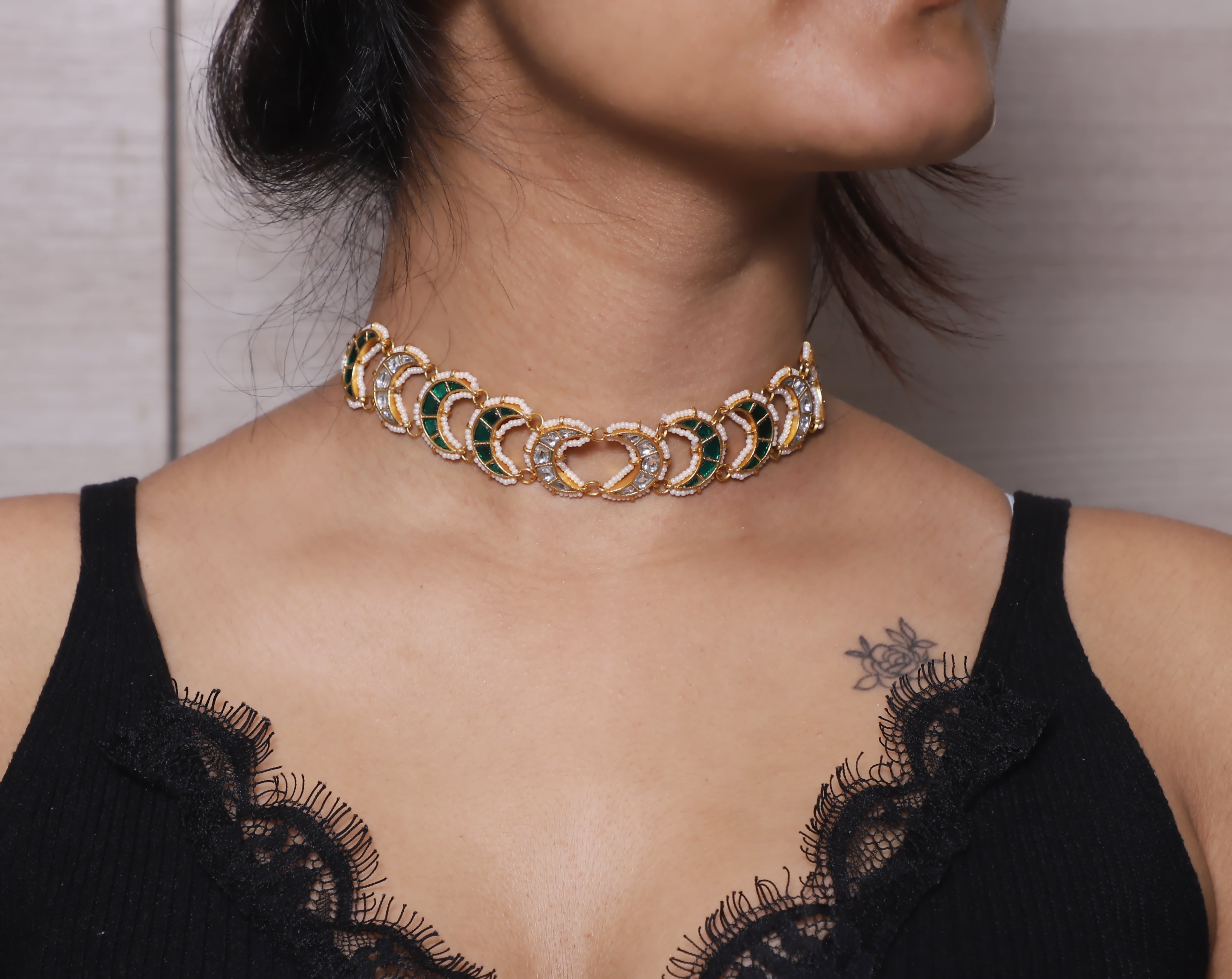 White Green Kundan Chand Choker