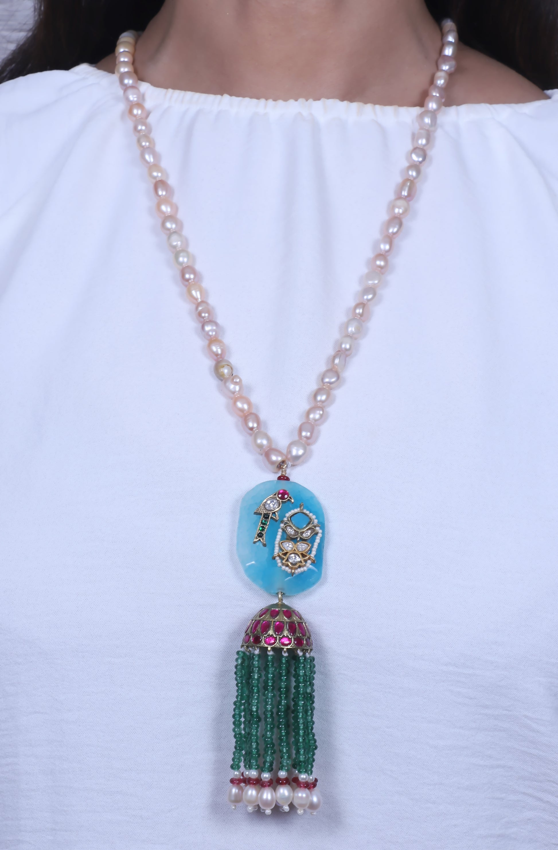 White and Turquoise Green Pearl String