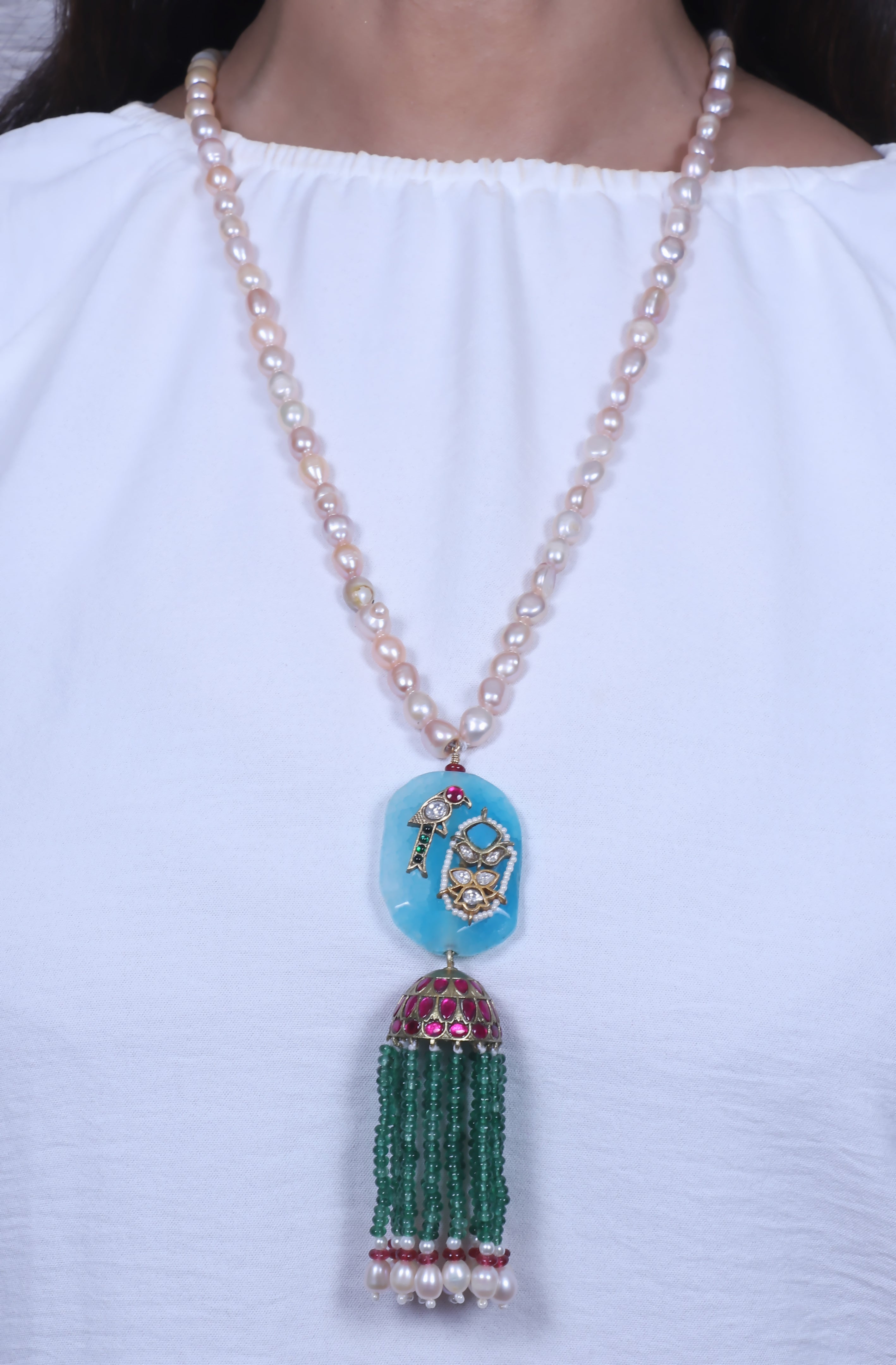 White and Turquoise Green Pearl String