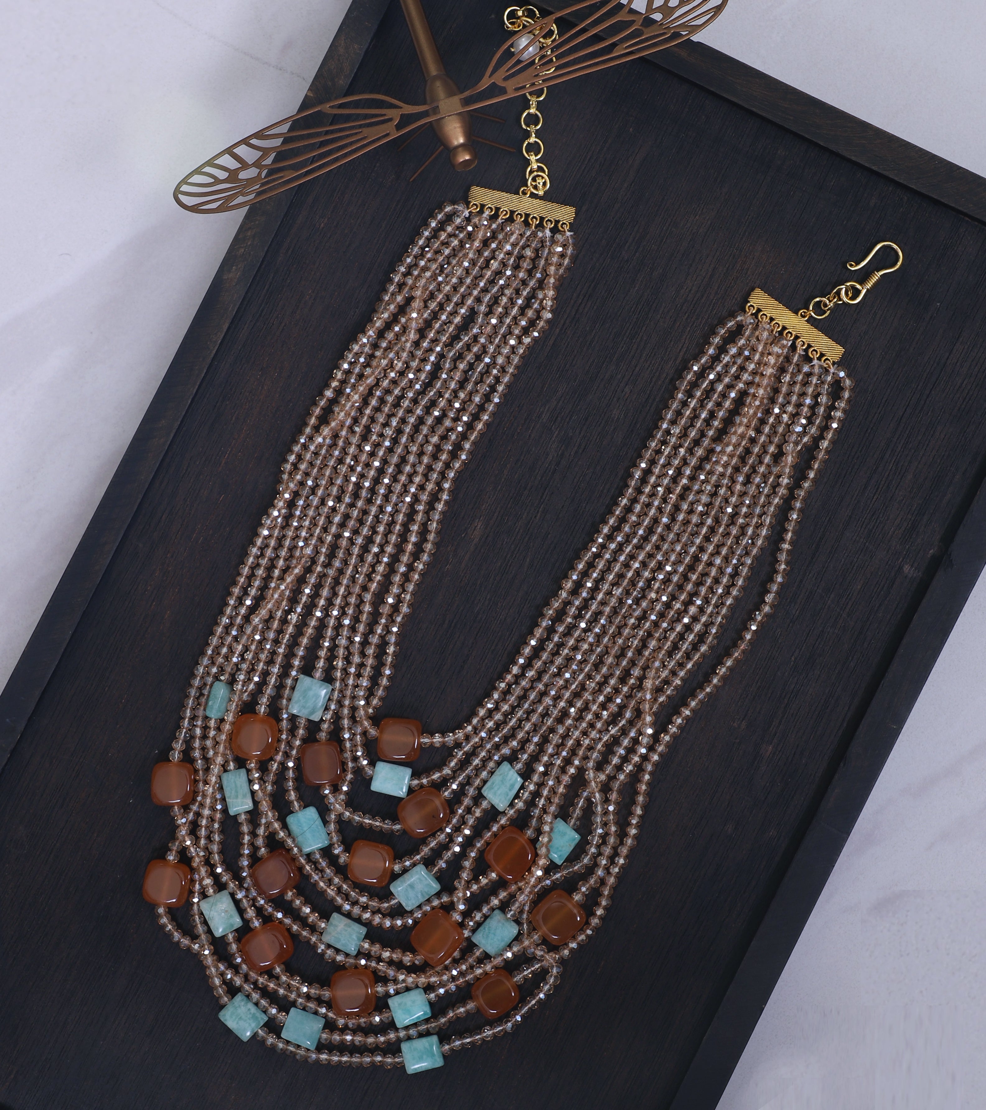 Beige Amber and Sky Blue Multilayer Necklace