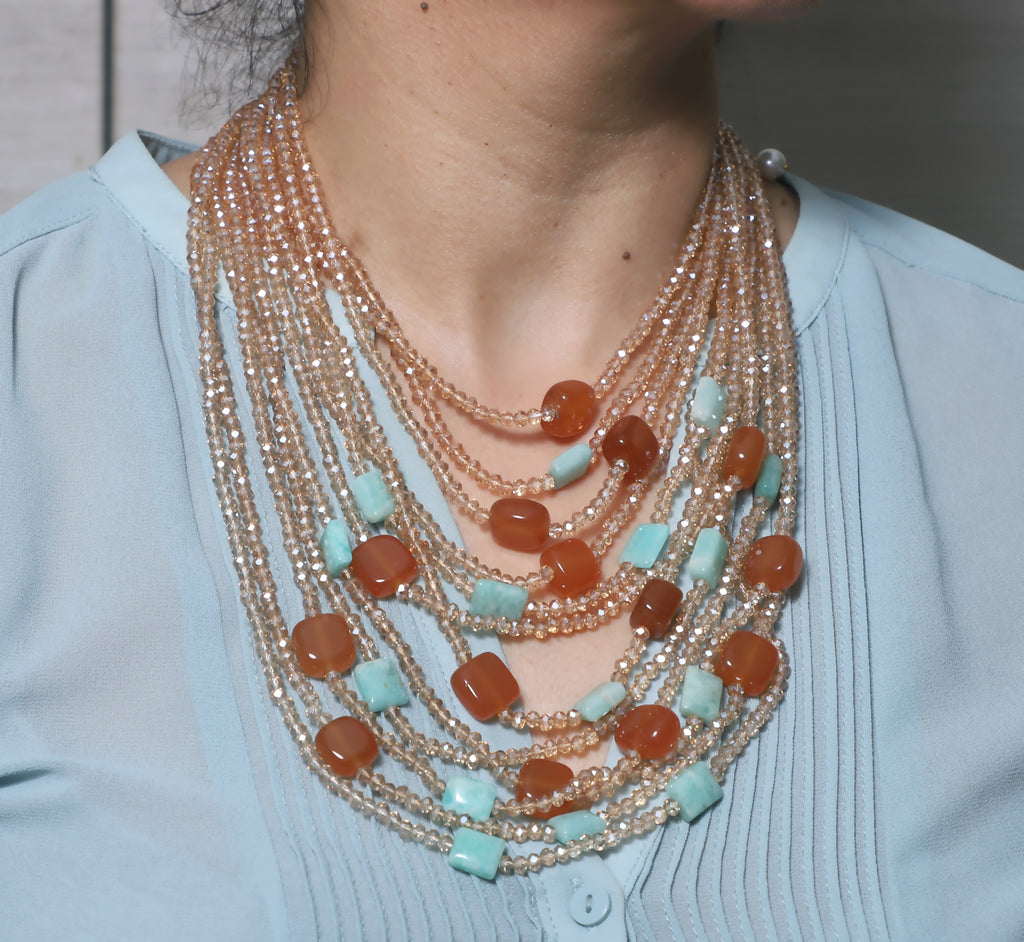 Beige Amber and Sky Blue Multilayer Necklace