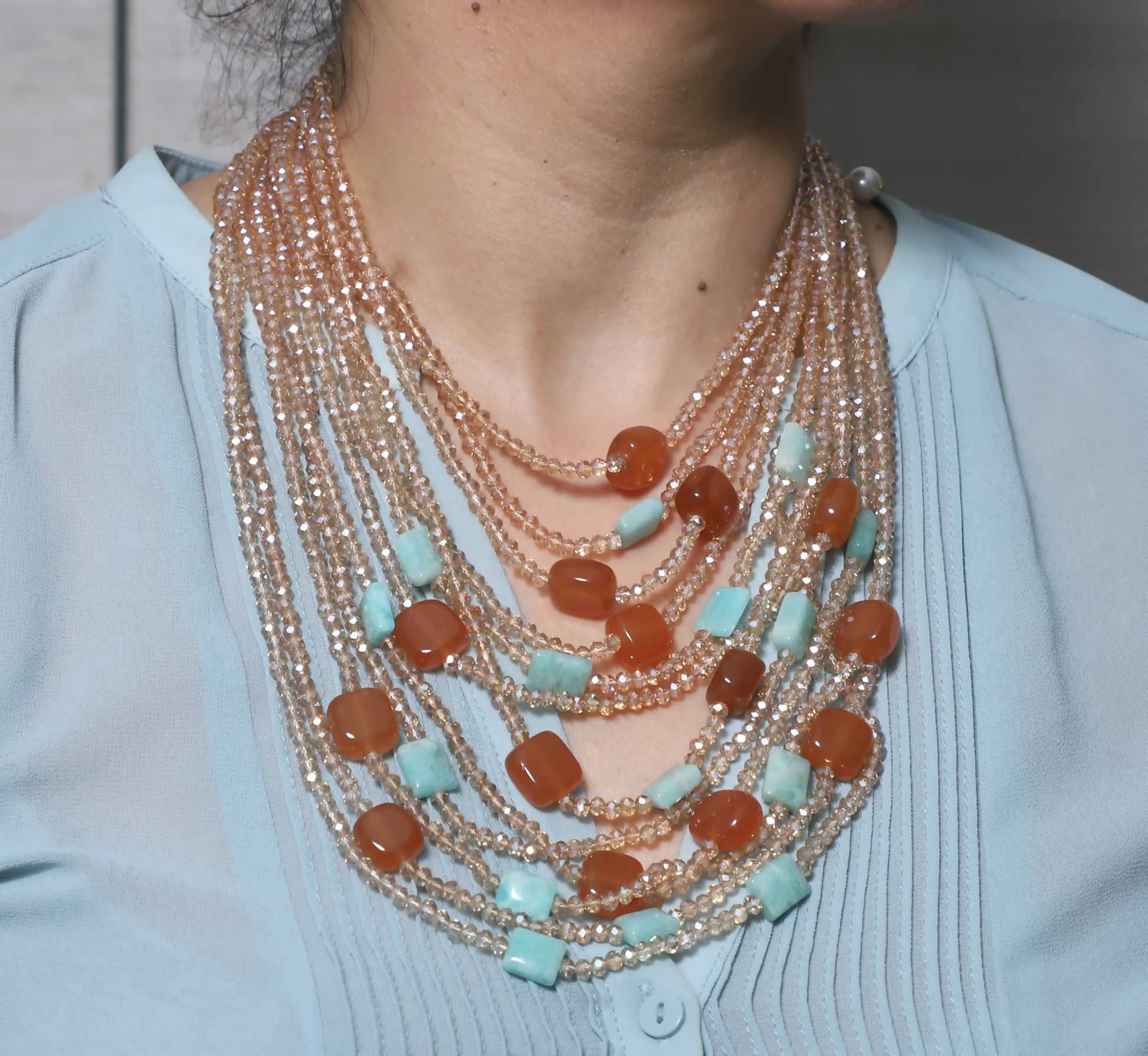 Beige Amber and Sky Blue Multilayer Necklace