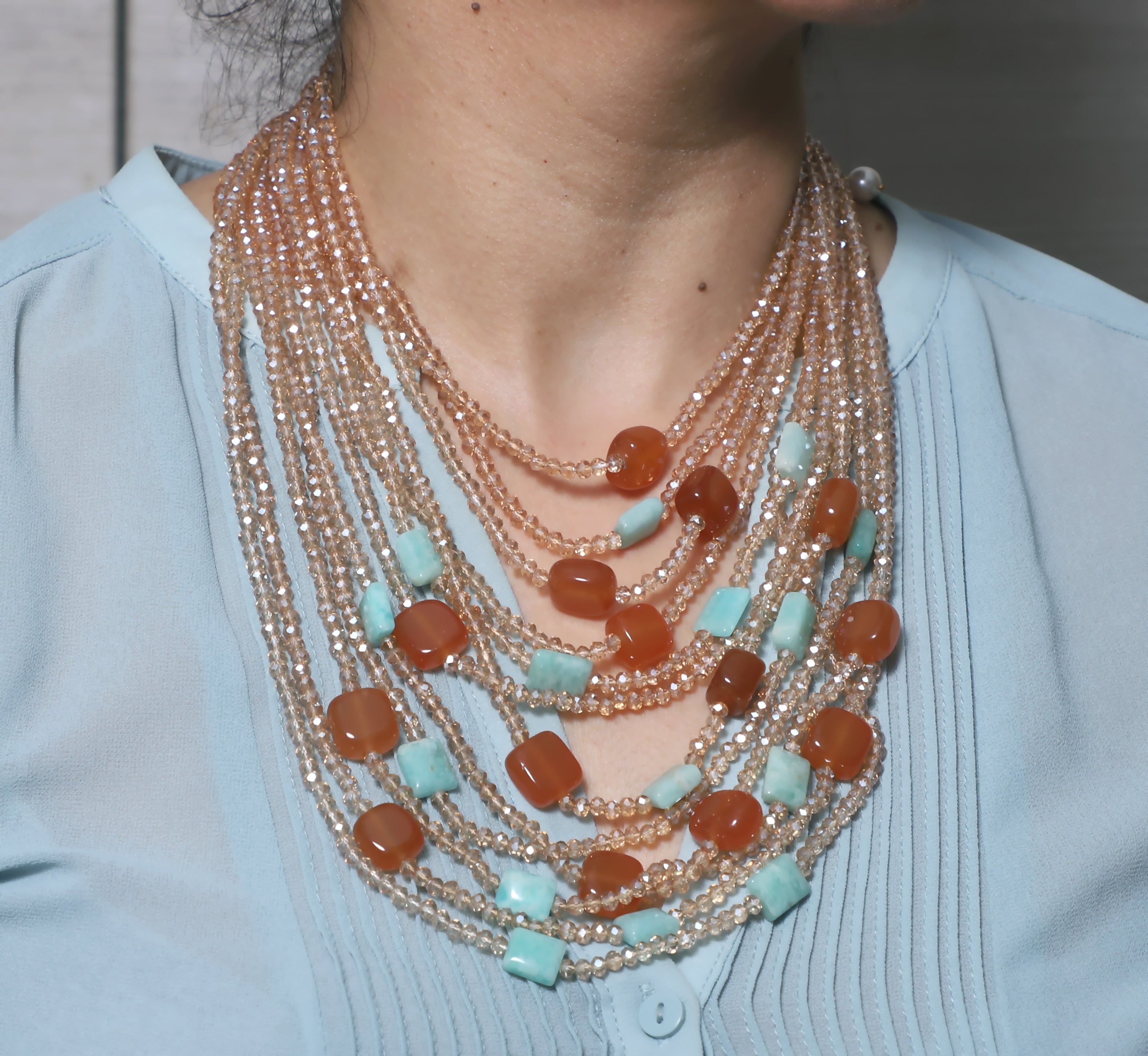 Beige Amber and Sky Blue Multilayer Necklace