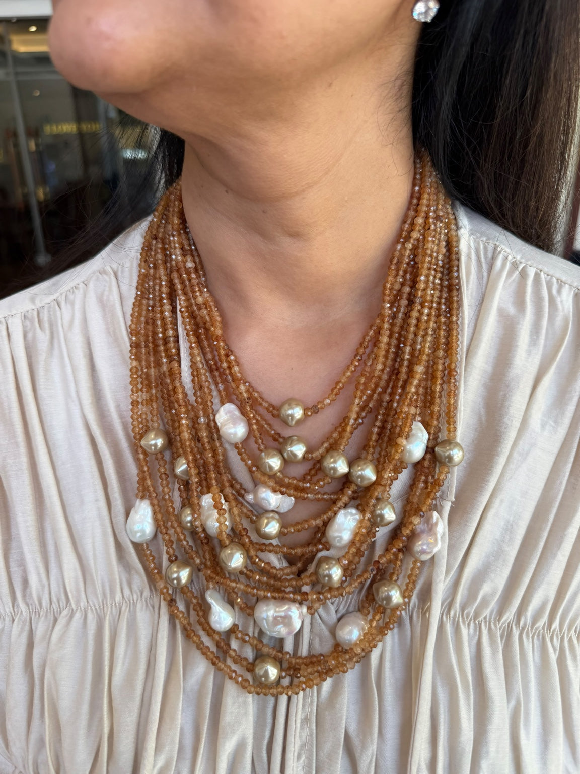 Brown Onyx and Pearl Multilayer Necklace