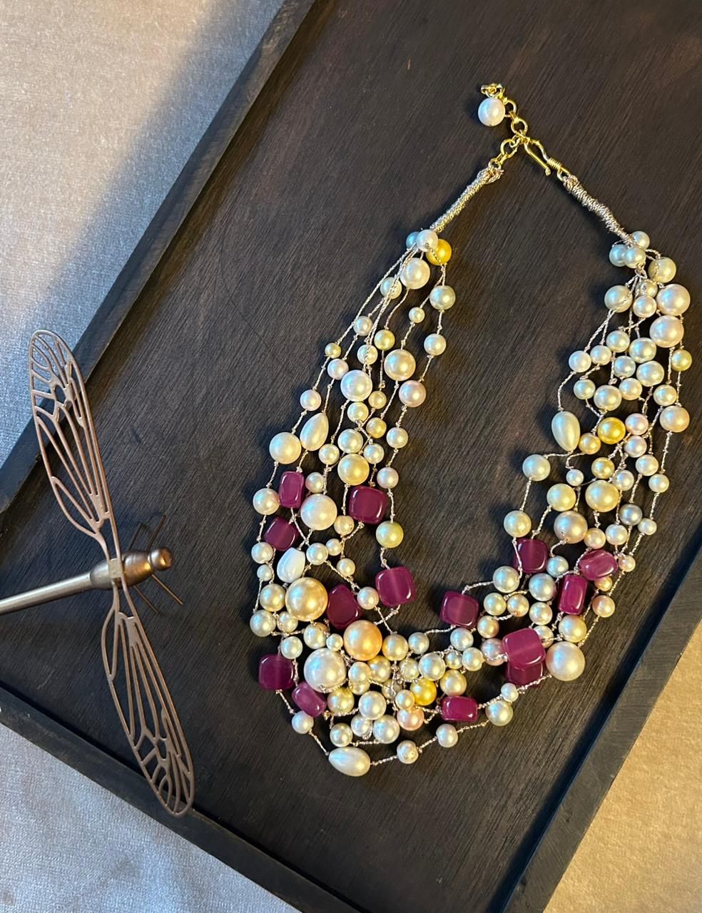 Pearl and Red Quartz Stone Multilayer Necklace