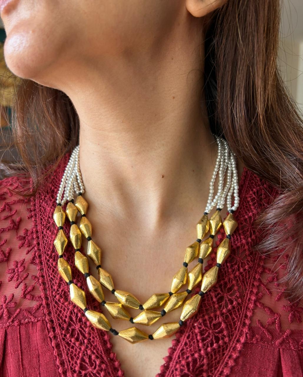 White Pearls and Brass Multilayer Necklace