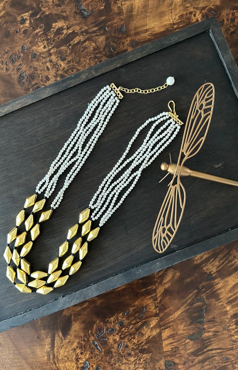 White Pearls and Brass Multilayer Necklace