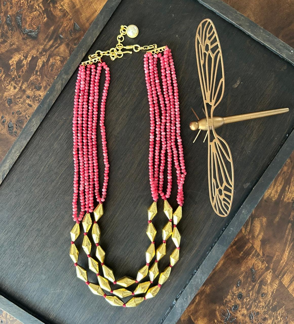 Pink Pearls and Brass Multilayer Necklace