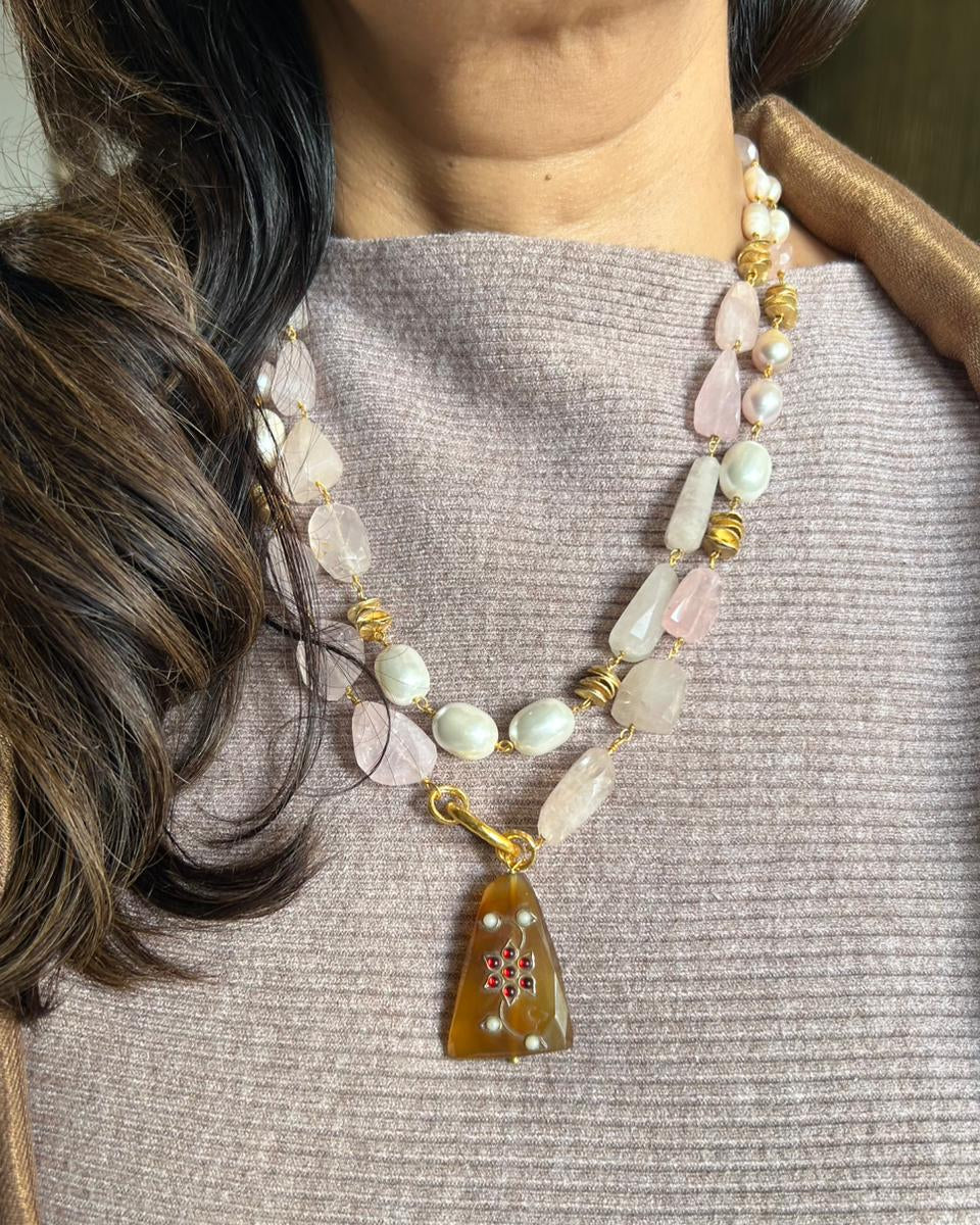 Rose Quartz and Shell Pearl Multilayer Necklace