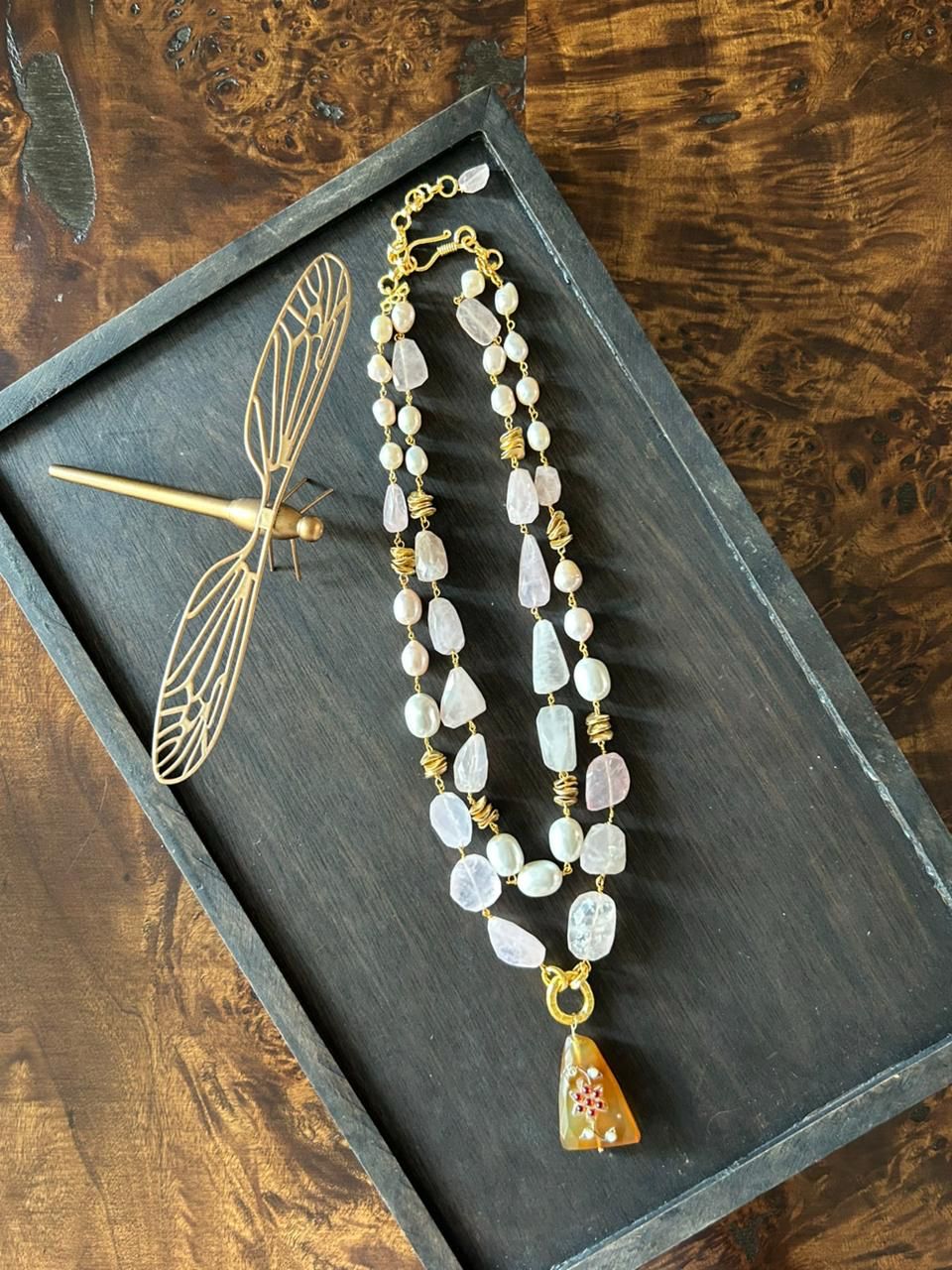 Rose Quartz and Shell Pearl Multilayer Necklace