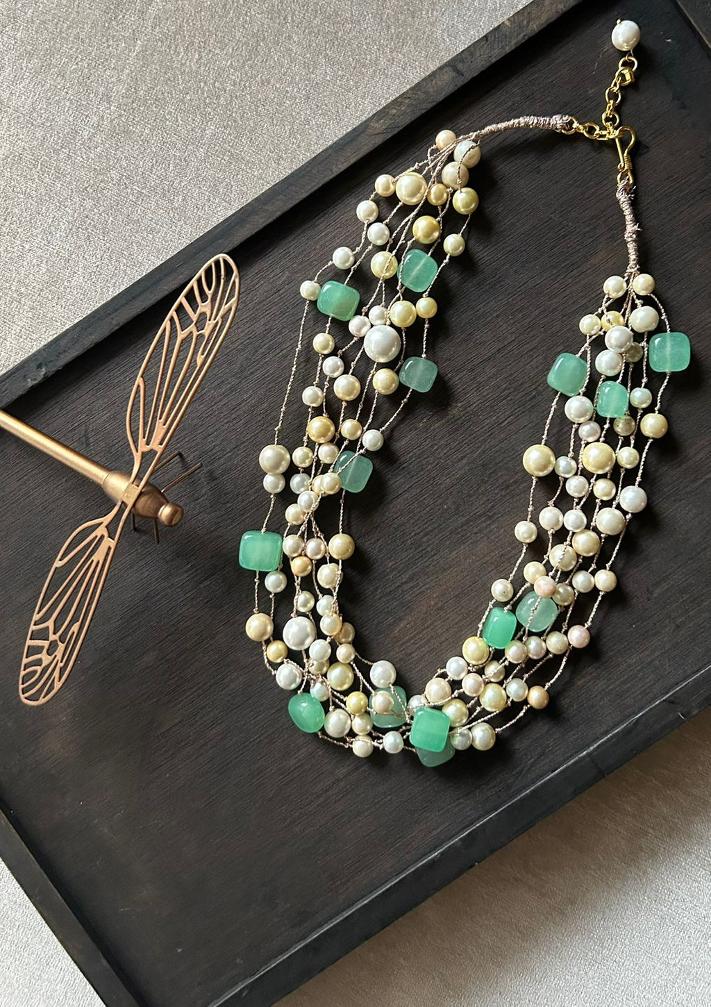 Pearl and Green Quartz Stone Multilayer Necklace