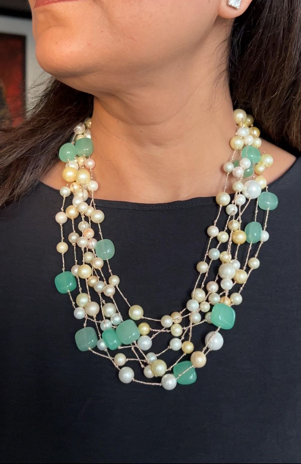 Pearl and Green Quartz Stone Multilayer Necklace