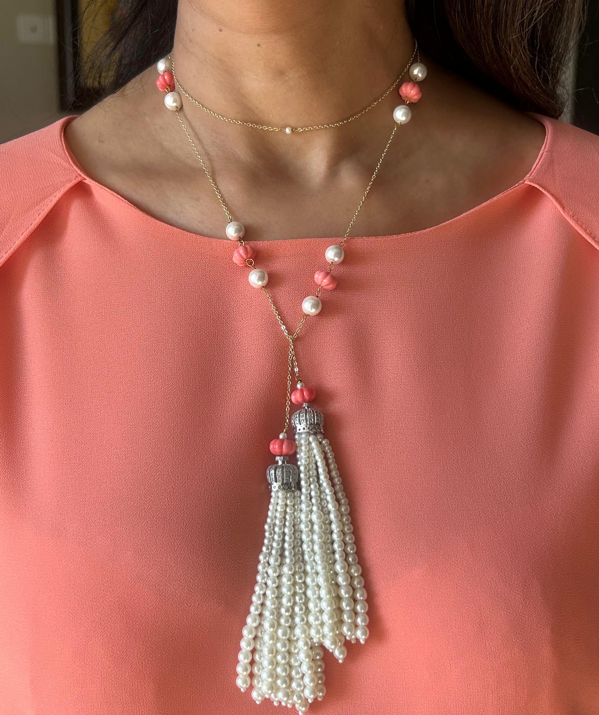 Pearl Coral Tassel Lariat