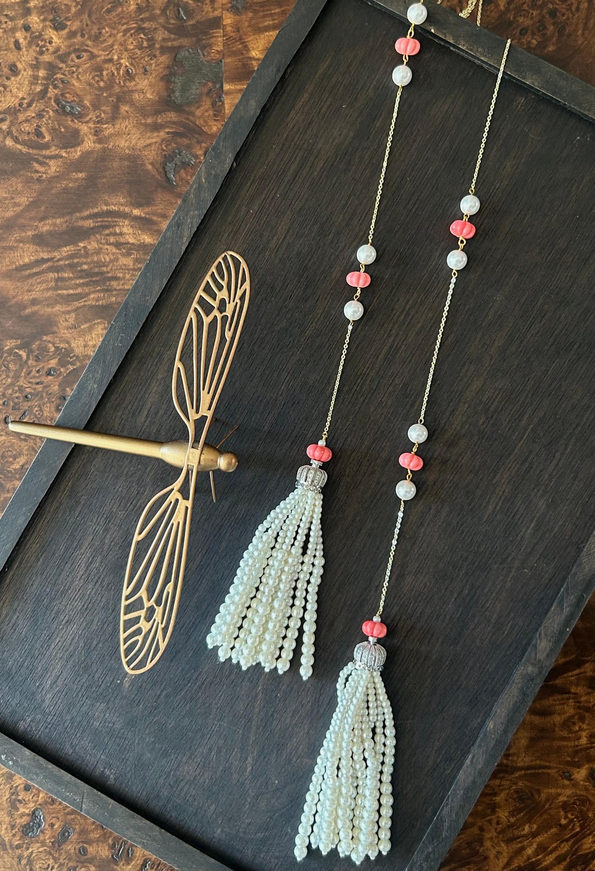 Pearl Coral Tassel Lariat