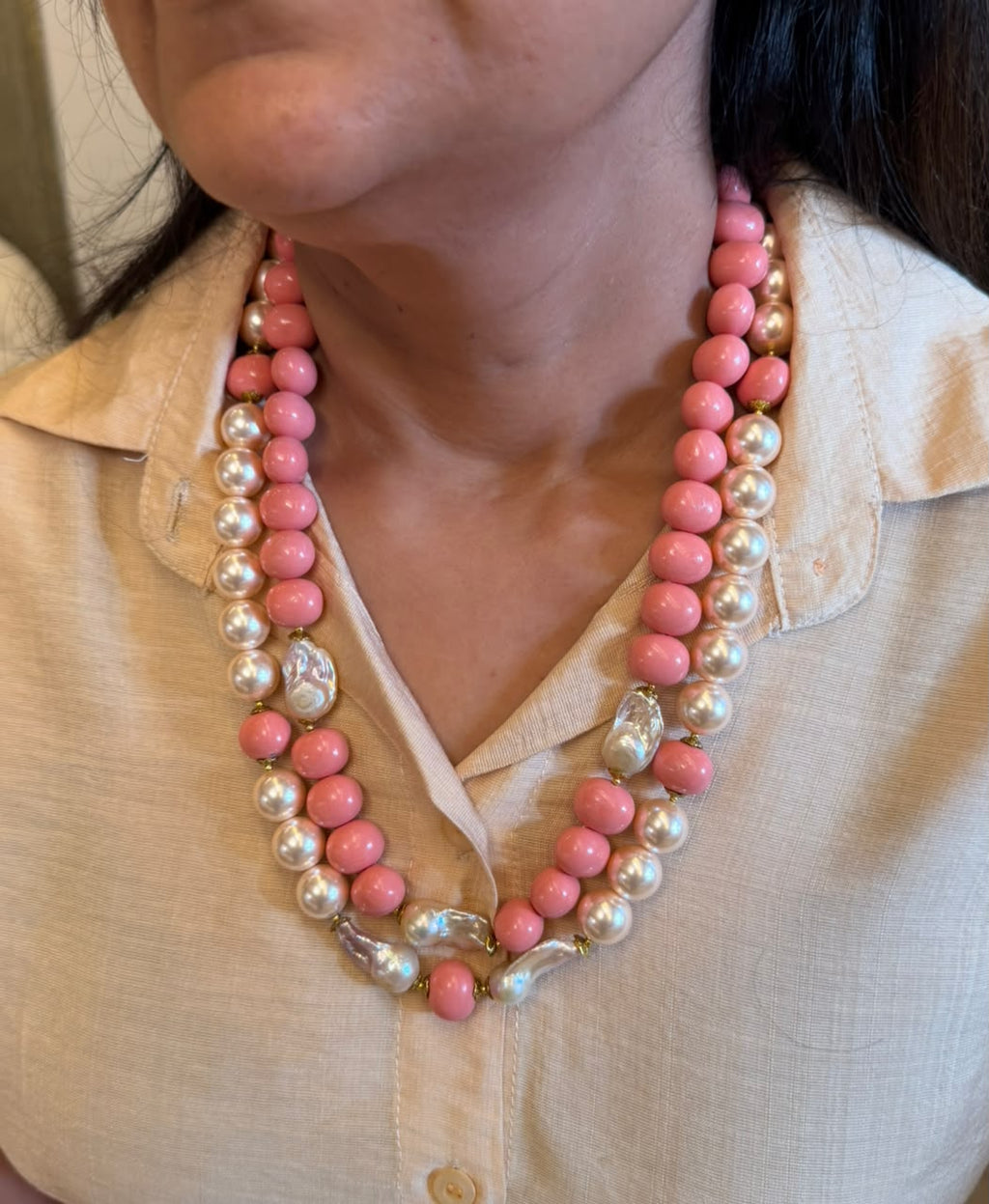 Petal and Pearl Two Line Multilayer Necklace