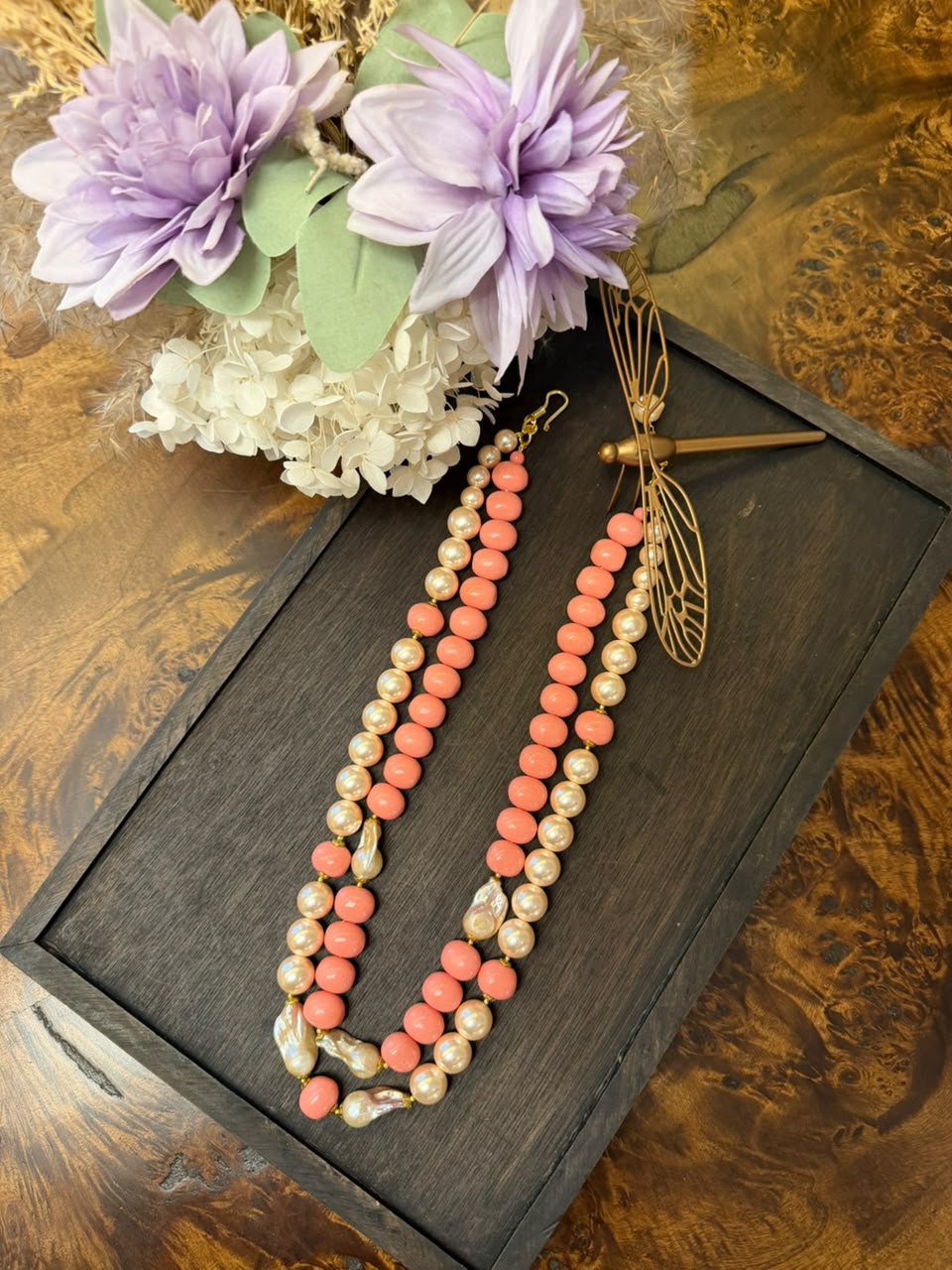 Petal and Pearl Two Line Multilayer Necklace