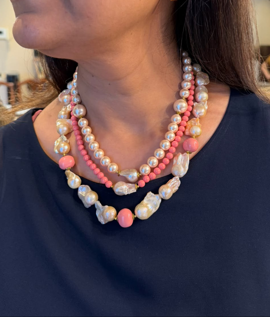 Petal and Pearl Three Line Multilayer Necklace