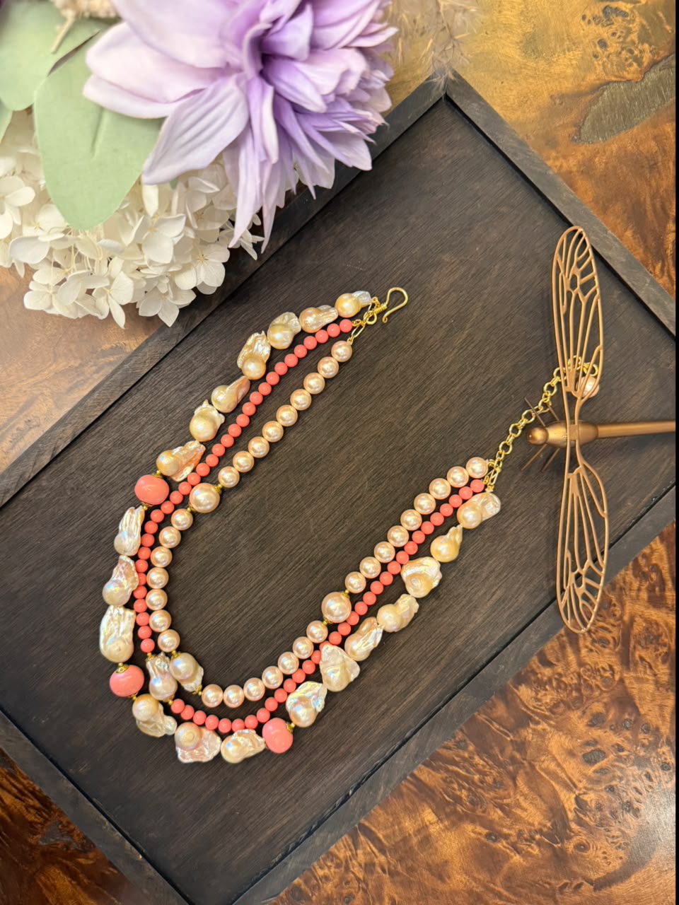 Petal and Pearl Three Line Multilayer Necklace