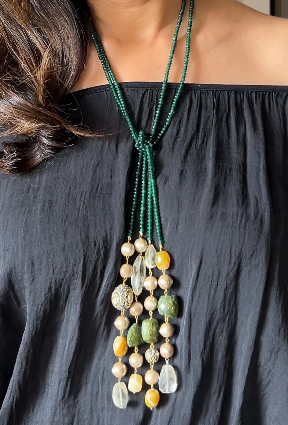 Vessonite and Shell Pearl Lariat