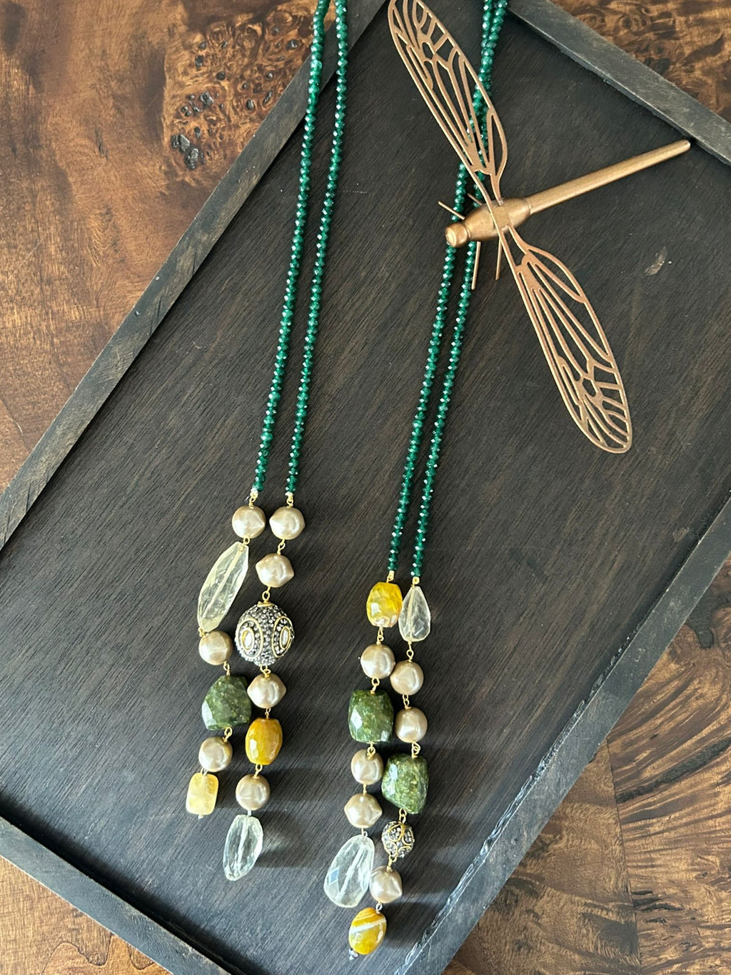 Vessonite and Shell Pearl Lariat